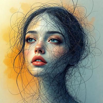 The primary subject of the image is a woman with long hair, who is the main focus of the scene. She is wearing makeup and has a blue eye. The setting is a painting, which is a digital artwork. The visual style is artistic and creative, with the woman's hair being depicted in a detailed and intricate manner. The colors and mood of the image are vibrant and lively, with the woman's blue eye and the overall composition creating a sense of beauty and elegance.